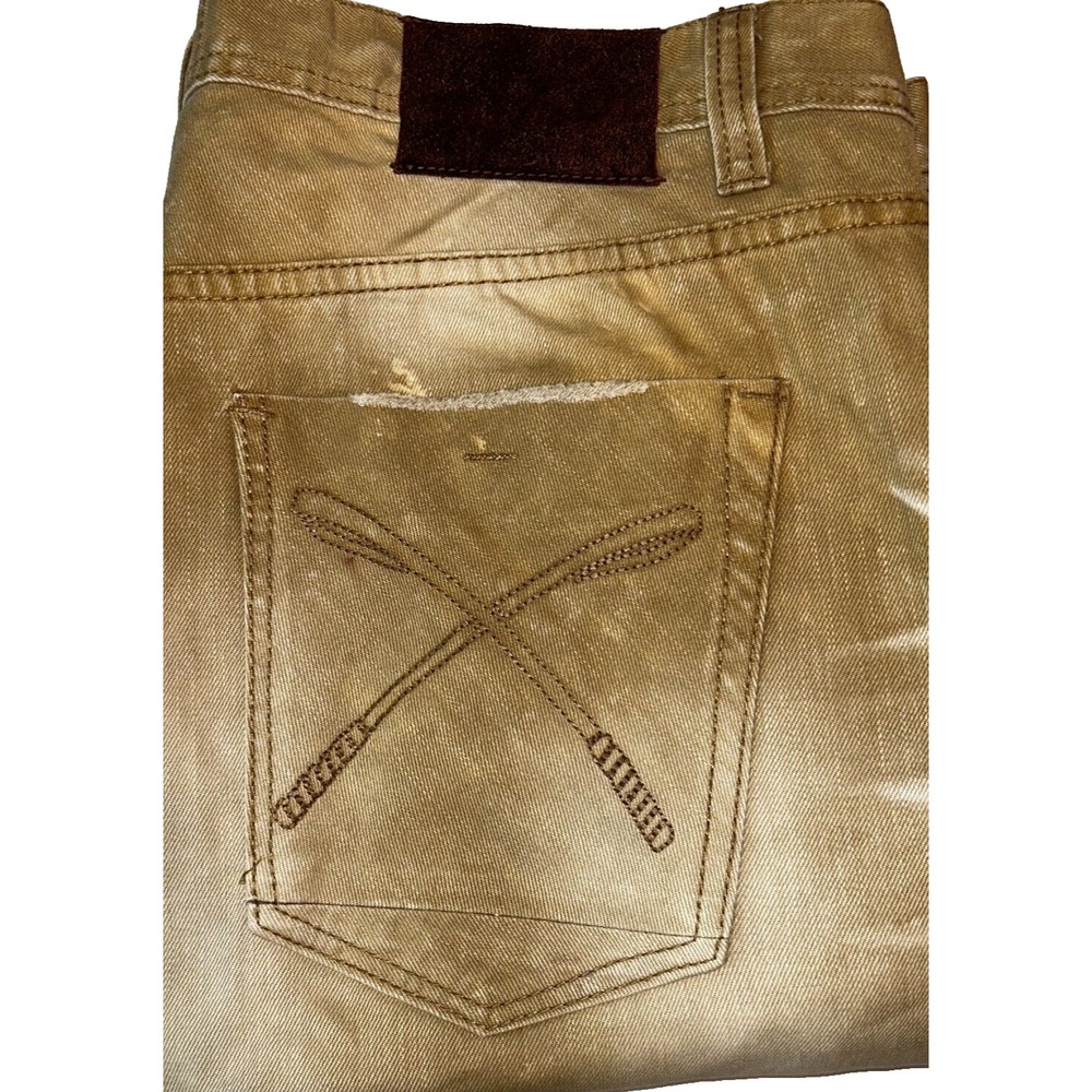 Akoo Men's Denim Jeans‎ Shorts Tan Acid Wash 38" Waist Distressed Riding Crops